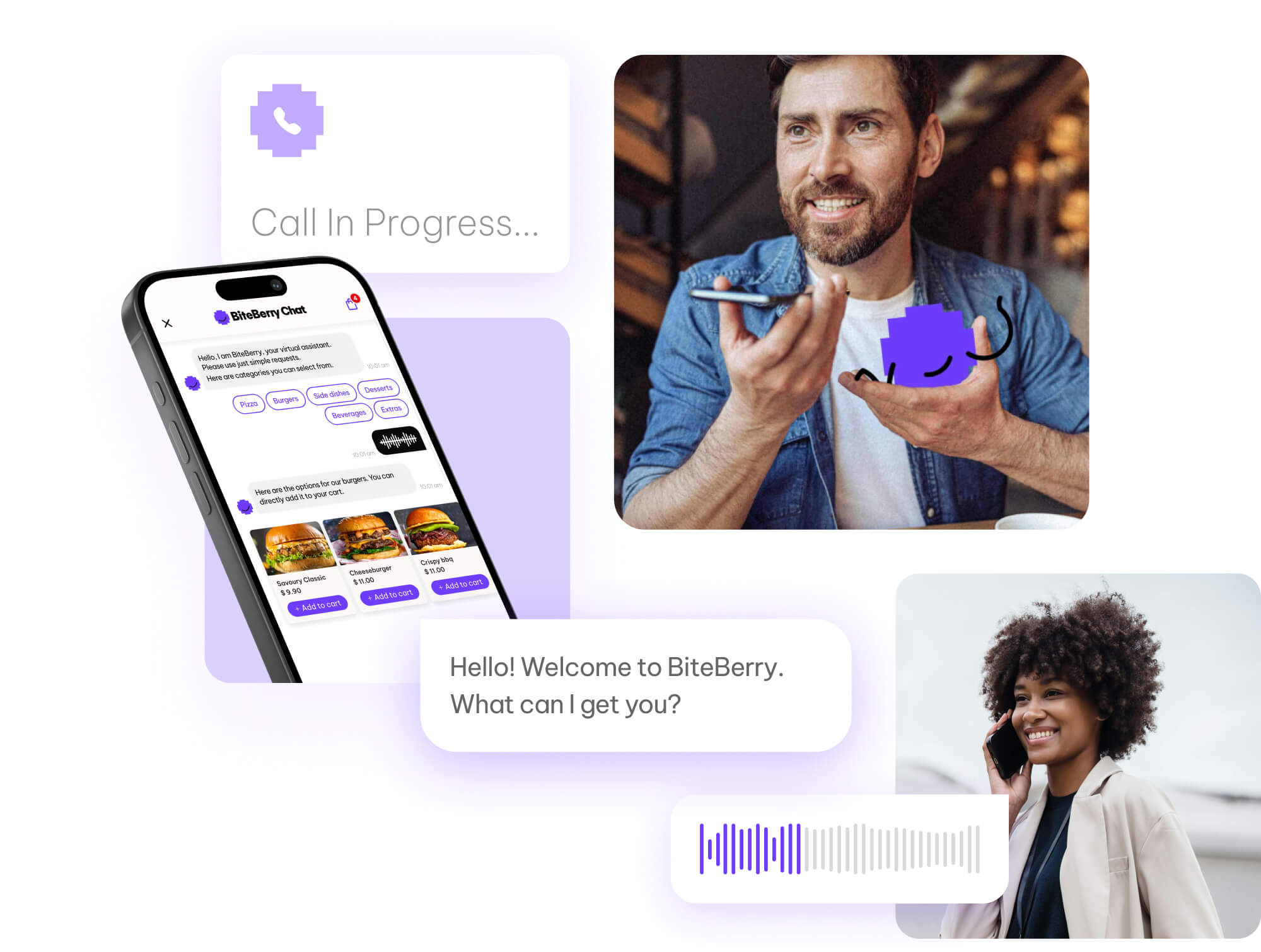 BiteBerry AI ordering: chat, voice, and phone channels handling real customer orders